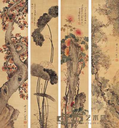 罗清 1882年作 指画花卉图 四屏 202×44cm×4